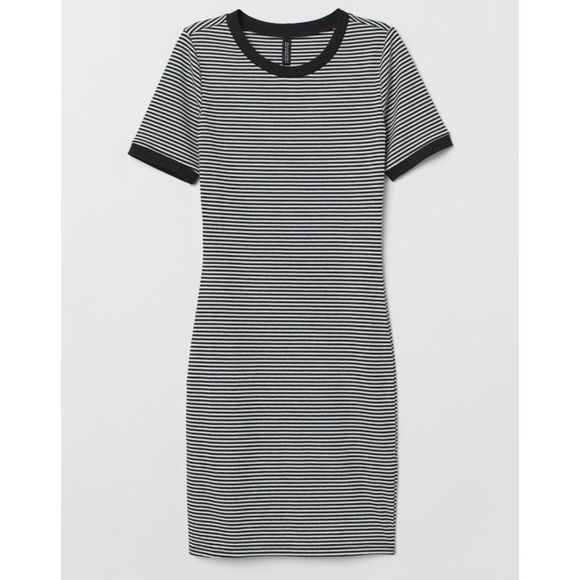 H&M Dresses & Skirts - H&M Black White Striped Ribbed Short Sleeve Bodycon Jersey Dress Sz 4